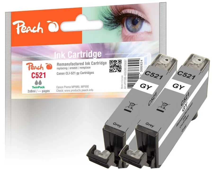 Peach C521 GY 2 Druckerpatronen XL 2*gy ersetzt Canon CLI-521GY*2, 2937B001 für z.B. Canon Pixma MP 980, Canon Pixma MP 990