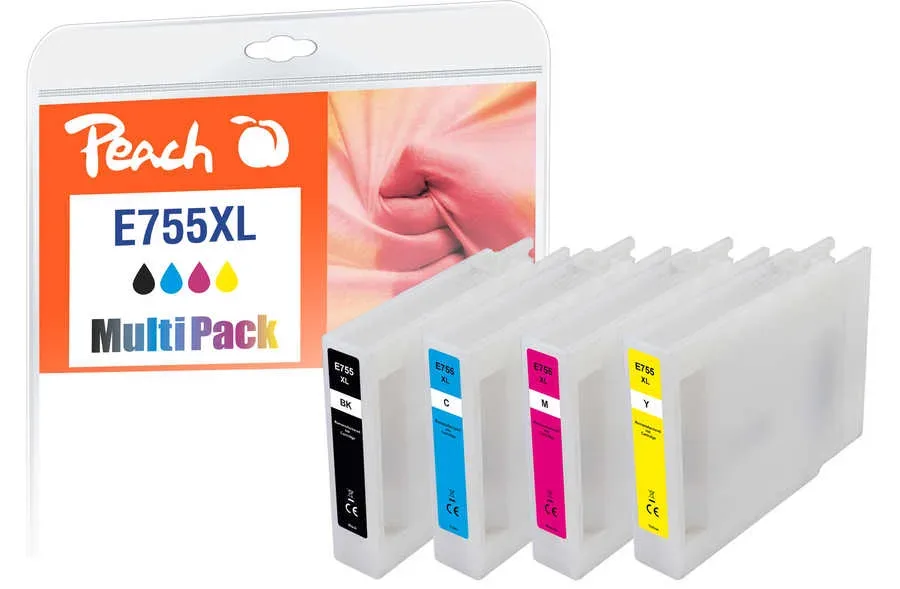 Peach E754/755/756 XL 4 Druckerpatronen XL (bk, c/m/y) ersetzt Epson T755XL für z.B. Epson WorkForce Pro WF -6530 MFP, Epson WorkForce Pro WF -8090