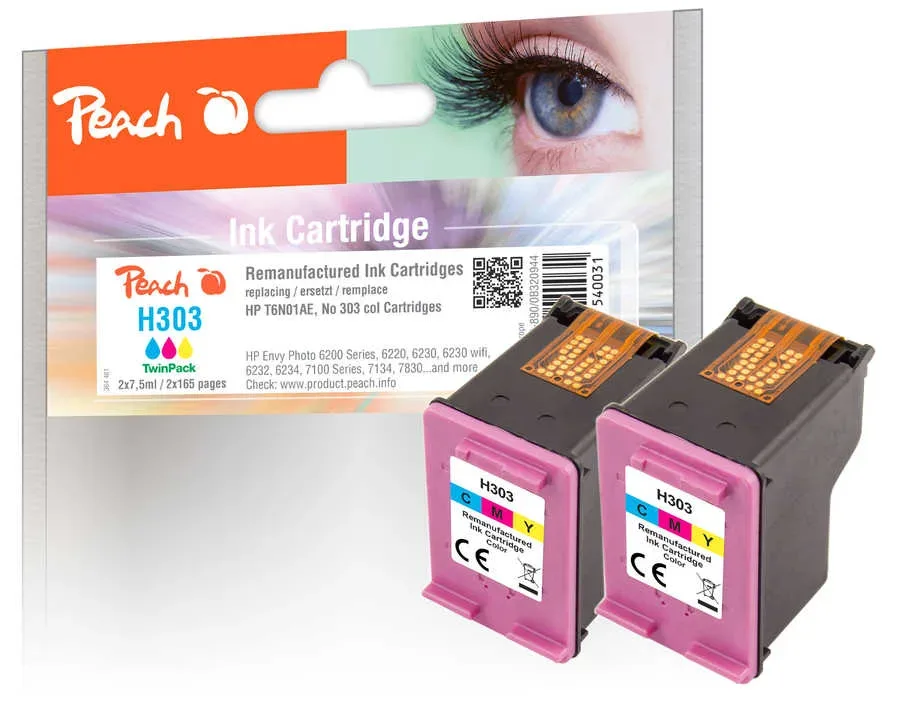Peach HP 303 C 2 Druckköpfe 2*col ersetzt HP No. 303 C*2, T6N01AE*2 für z.B. HP Envy Photo 7134, HP Envy Photo 6230, HP Envy Photo 7230, HP Tango
