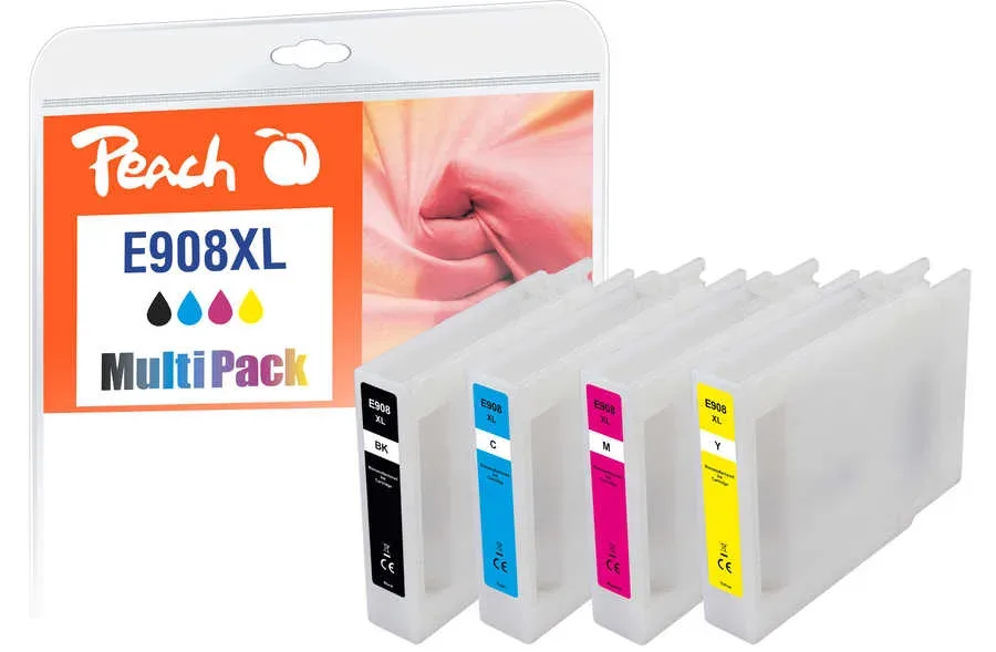 Peach E908 XL 4 Druckerpatronen XL (bk, c/m/y) ersetzt Epson No. 908XL, T9081, T9082, T9083, T9084 für z.B. Epson Workforce Pro WF -6090 DW