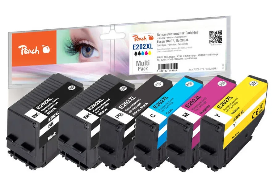 Peach E202 XL 6 Druckerpatronen XL (2*bk, bkph, c/m/y) ersetzt Epson No. 202XL, T02G1*2, T02H1, T02H2, T02H3, T02H4
