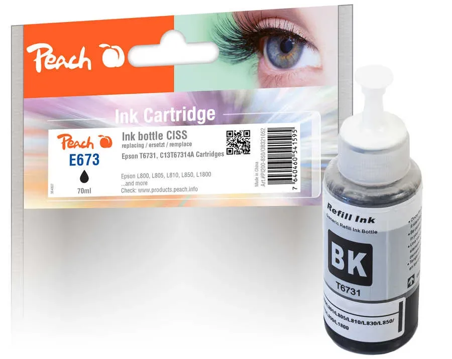 Peach E673 Tintenbehälter pigm. bk ersetzt Epson T6731BK, C13T67314A für z.B. Epson EcoTank L 1800 ITS, Epson EcoTank L 800, Epson EcoTank L 805