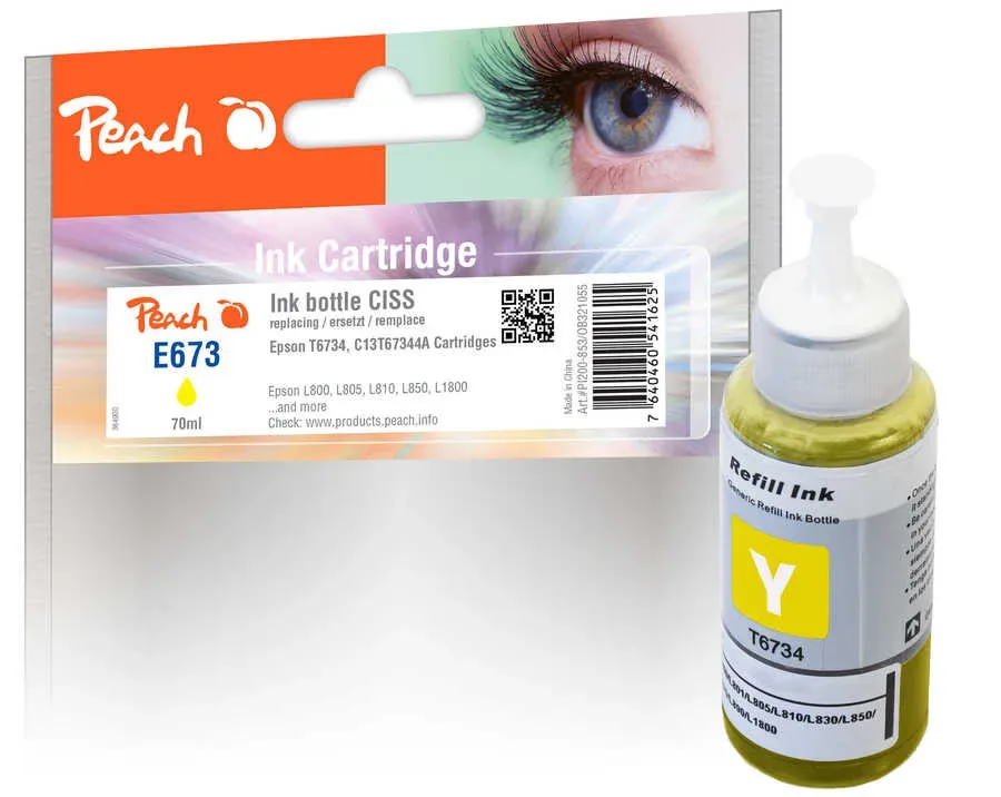 Peach E673 Tintenbehälter ye ersetzt Epson T6734Y, C13T67344A für z.B. Epson EcoTank L 1800 ITS, Epson EcoTank L 800, Epson EcoTank L 805