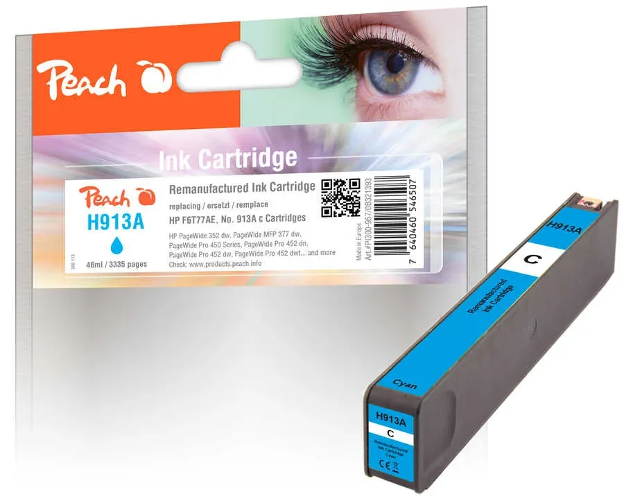 Peach HP 913 AC Druckerpatrone cy ersetzt HP No. 913A C, F6T77AE für z.B. HP PageWide 352 dw, HP PageWide Pro 450, HP PageWide Pro 452 dn