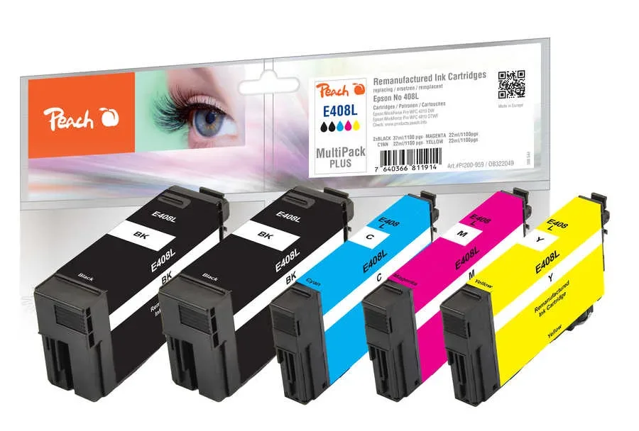 Peach E408 L 5 Druckerpatronen XL (2*bk, c/m/y) ersetzt Epson No. 408L für z.B. Epson WorkForce Pro WFC 4310 DW, Epson WorkForce Pro WFC 4810 DTWF