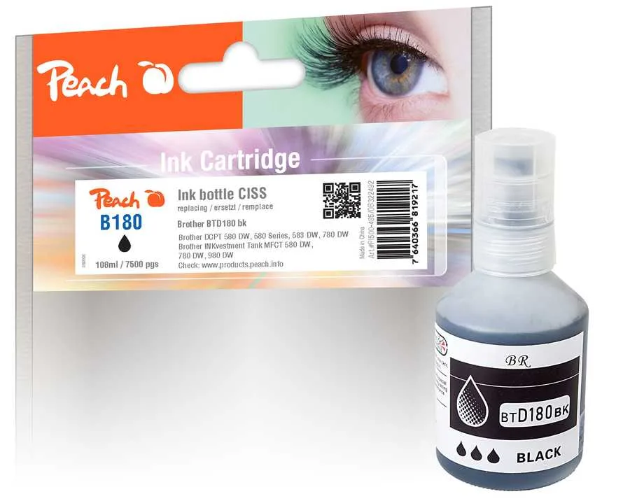 Peach B180 Tintenbehälter bk ersetzt Brother BTD180BK für z.B. Brother DCPT 580 DW, Brother DCPT 580, Brother DCPT 583 DW, Brother DCPT 780 DW