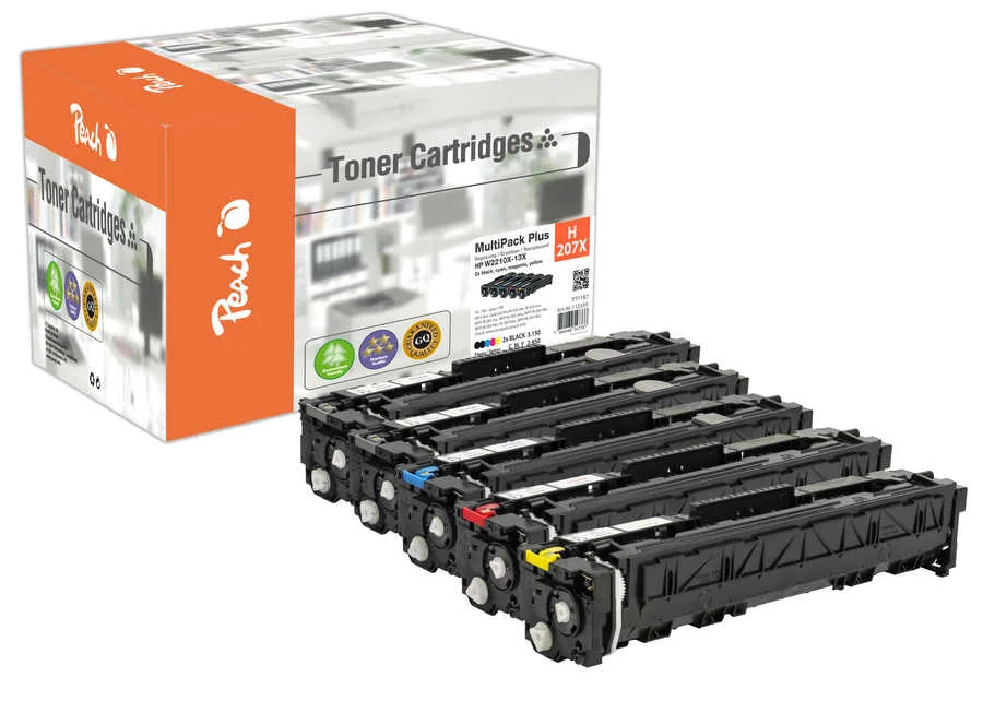 Peach HP 207 X 5 Toner XL (2xbk, c/m/y) ersetzt HP No. 207X, W2210X*2, W2211X, W2212X, W2213X für z.B. HP Color LaserJet Pro MFP M 283 fdw