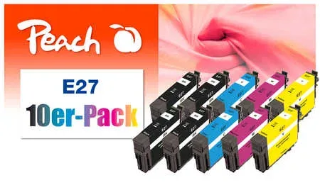 Peach E27 10 Druckerpatronen (2*bk, bk, c/m/y) ersetzt Epson T2706, No. 27, C13T27064010*2 für z.B. Epson WorkForce WF -3600