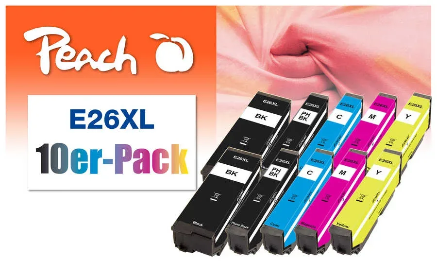 Peach E26 XL 10 Druckerpatronen XL (2*bk, bk, c/m/y) ersetzt Epson No. 26XL, C13T26364010 für z.B. Epson Expression Premium XP -510