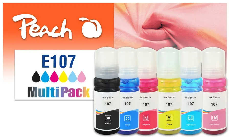 Peach E107 6 Druckerpatronen (bk, cy/cyli/ma/mali/ye) ersetzt Epson No. 107, T09B1, T09B2, T09B3, T09B4, T09B5, T09B6 für z.B. Epson EcoTank ET -18100