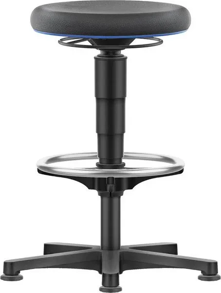 Allround Hocker Bimos, sitzhöhenverstellbar 560-810 mm, mit Gleiter & Fussring, Supertec-Bezug, schnitt- & rutschfest, mit Mikropanzerung, Farbring blau