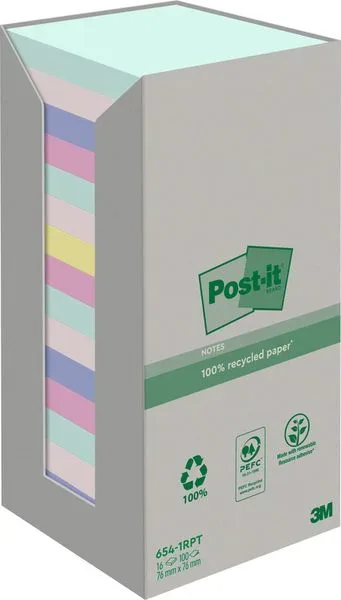POST-IT Haftnotizen Recycling 76x76mm 654-1RPT 4-farbig, 16x100 Blatt