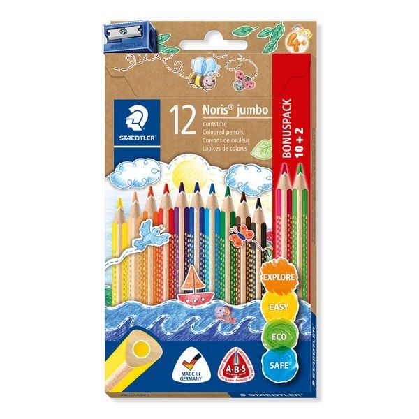 Buntstifte Staedtler Noris® jumbo 128, 3-Kant, ABS-Minenschutz, Sternchendesign & Namensfeld, FSC®-zertifiziert, farbsortiert, 12 Stück + Anspitzer