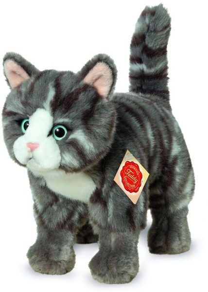 Hermann Teddy Kuscheltier KATZE GRAU GETIGERT (20cm) stehend in grau