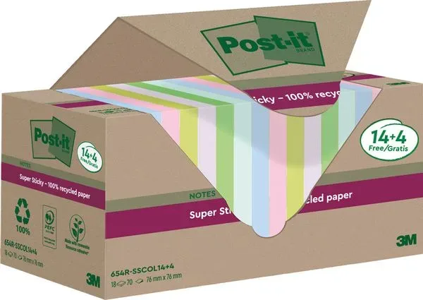 POST-IT SuperSticky Notes 76x76mm 654 RSSCOL 14+4F Recycling,assort. 18x70 Blatt