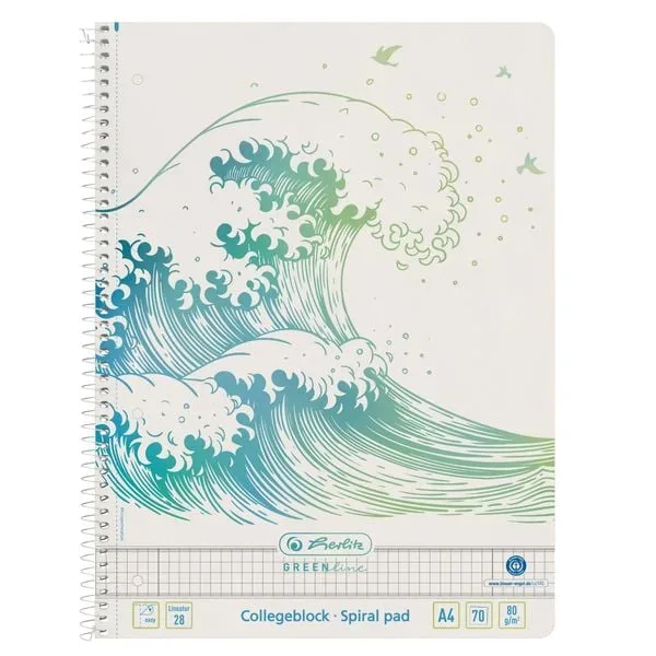 herlitz GREENline Notizbuch DIN A4 Kariert Spiralbindung Seitlich gebunden Pappe Hardback Grün Perforiert 140 Seiten