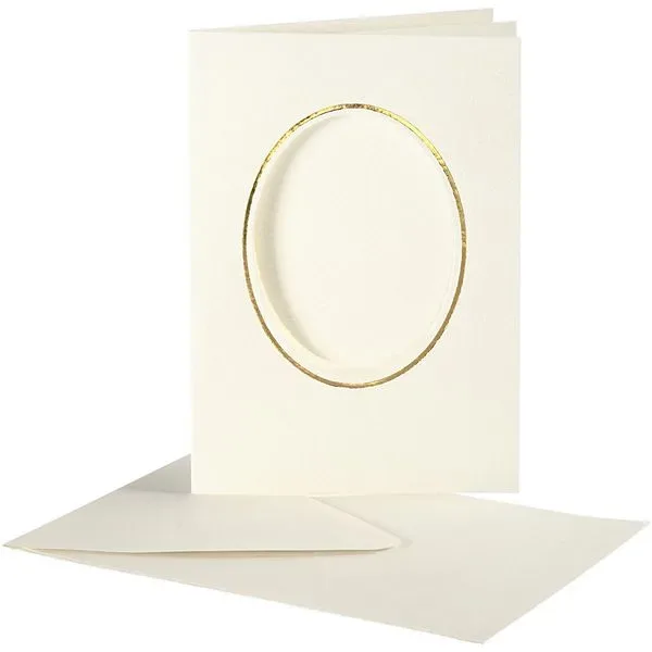 Creativ Company Passepartout-Karten mit Kuvert, Ovaler Ausschnitt , mit Goldkante, Kartengröße 10,5x15 cm, Umschlaggröße 11,5x16,5 cm, Naturweiß, 10er Set