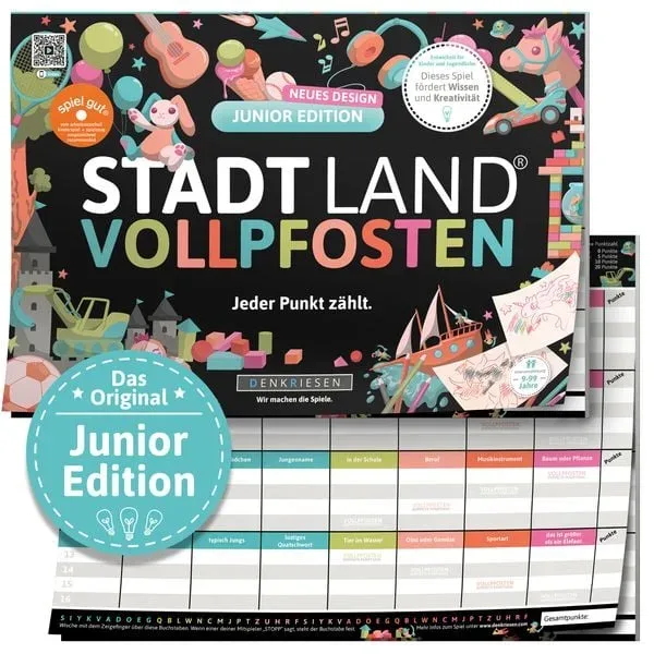 Denkriesen Partyspiel STADT LAND VOLLPFOSTEN – Junior Edition