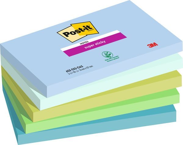 Post-it Super Haftnotizen 76 x 127 mm Blau, Grün Rechteckig Einfarbig 5 Blöcke mit 90 Blatt