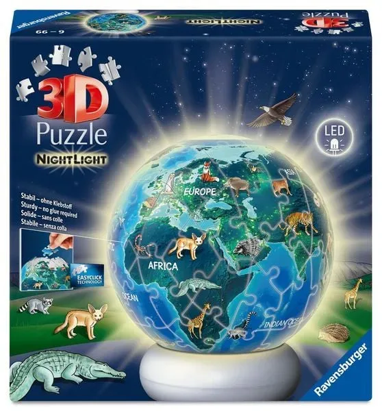 Ravensburger - Puzzle-Ball Nachtlicht Erde mit Tiermotiven, 72 Teile, Multicolor