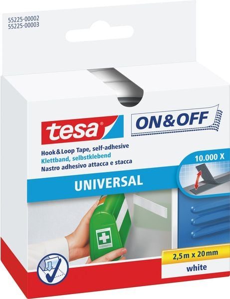 TESA On & Off 55225-02-00 Klettband zum Aufkleben Haft- und Flauschteil (L x B) 2500 mm x 20 mm Weiß 1 St.