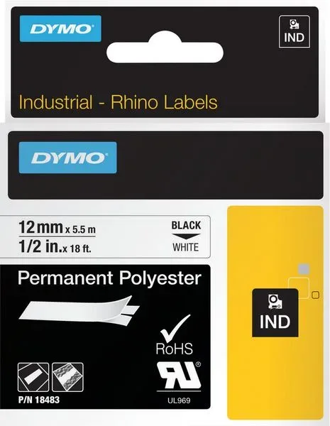 Dymo IND S0718210 / 18483 Authentic Rhino Polyester Schriftband Selbstklebend Schwarzer Druck auf Weiss 12 mm x 5.5m
