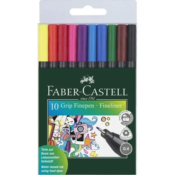 FABER-CASTELL Grip Finepen 0,4mm 151610 10 Farben, Etui
