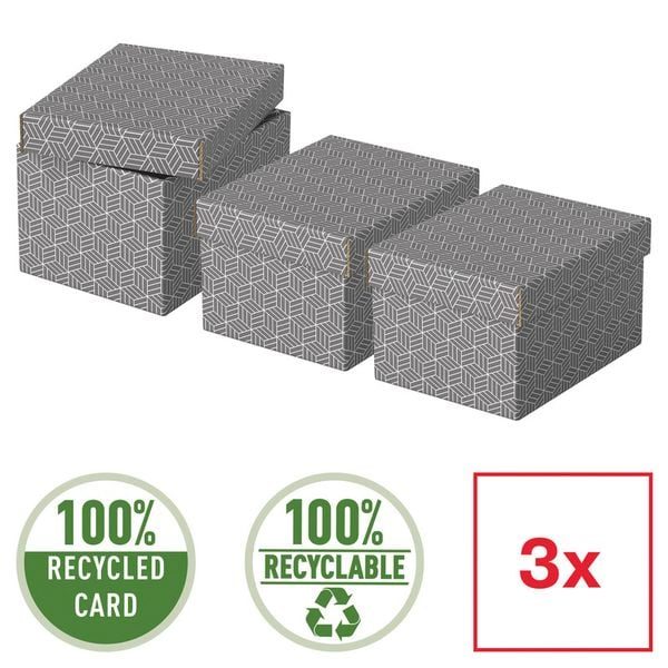 Esselte Home Aufbewahrungs- und Geschenkbox 628281 Klein 100% Recycelter Karton Grau 200 x 255 x 150 mm 3 Stück