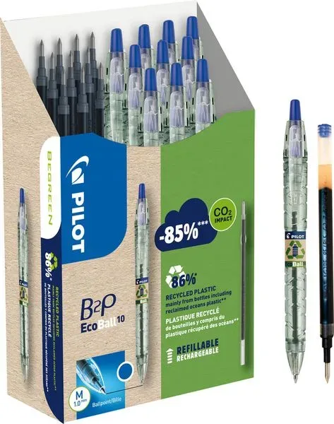 Pilot B2P Ecoball Kugelschreiber Mittel 0.4 mm Recycelt 86% mit 10 Stiften und 10 Minen