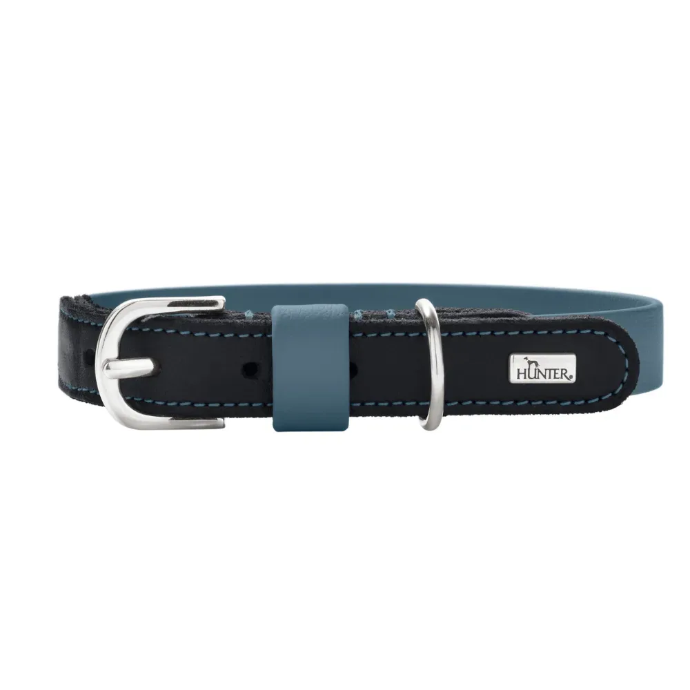 HUNTER Halsband Wolmar BioThane® x Leder, rauchblau/schwarz - Grösse S: 45 cm lang, 19 mm breit