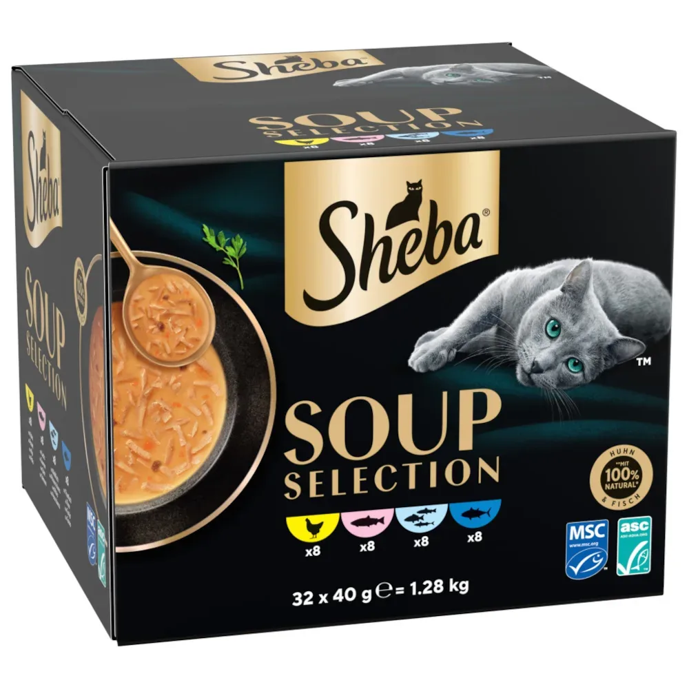 Sheba Soup Selection 32 x 40 g - Mix (Huhn, Thunfisch, Seefisch und Lachs)