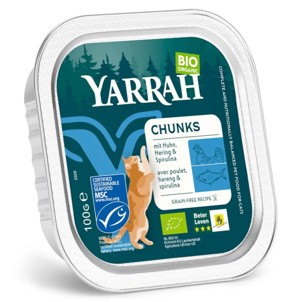Yarrah Bio Chunks 16 x 100 g - Bio-Huhn mit Hering & Bio-Spriulina