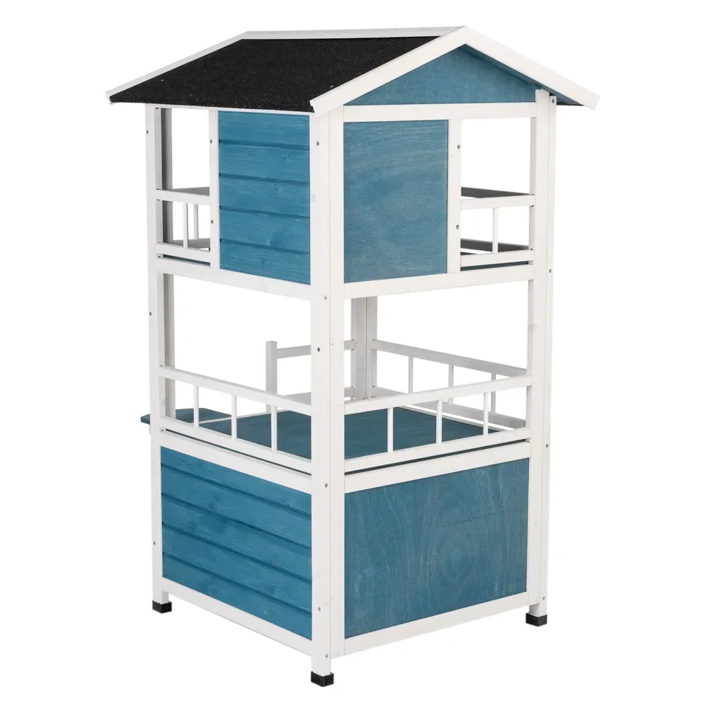 Katzenhaus Penthouse - L 72 x B 72 x H 124 cm - blau / weiss