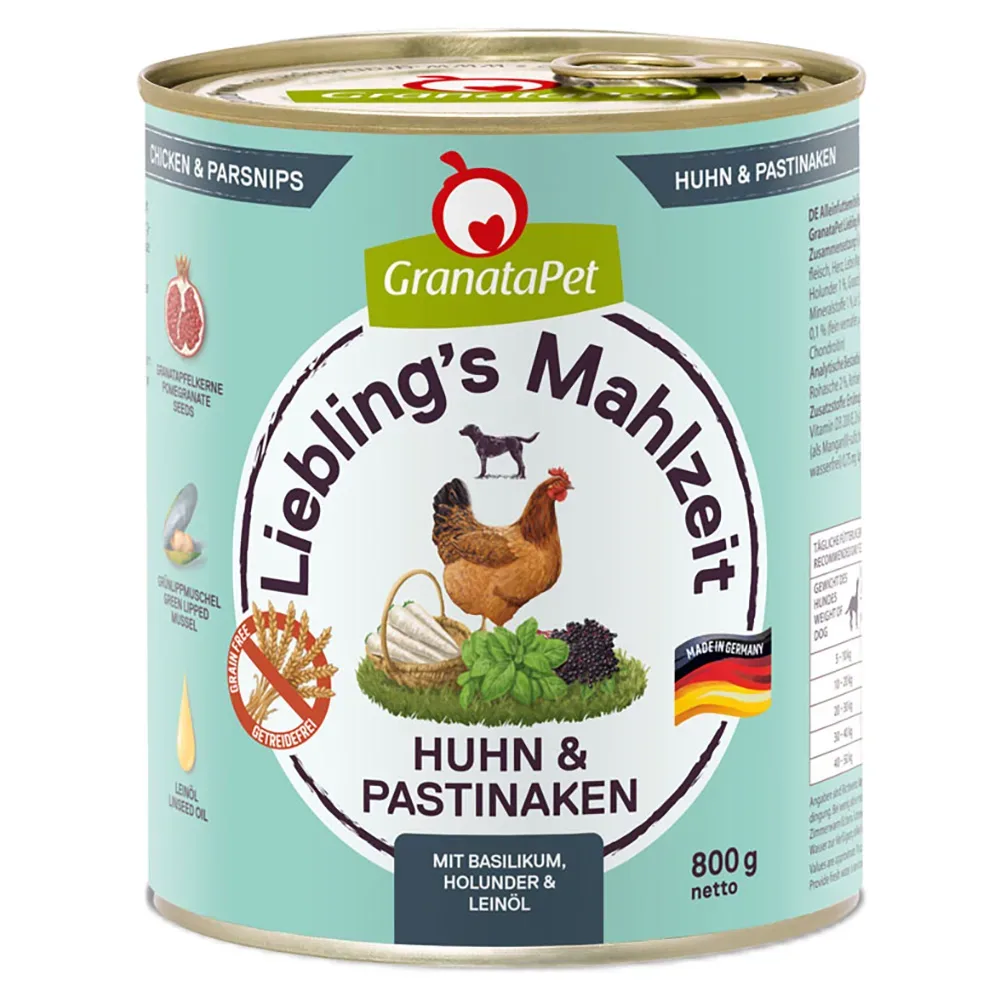Sparpaket GranataPet Liebling's Mahlzeit 12 x 800 g - Huhn mit Pastinaken, Basilikum, Holunder & Leinöl