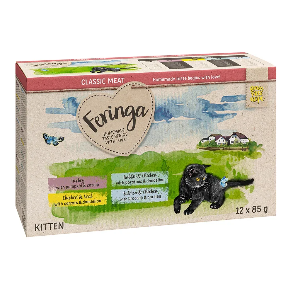 Feringa Classic Meat Menü Kitten Pouches 12 x 85 g - Mixpaket 2: Geflügel, Pute & Kaninchen, Huhn & Forelle, Lachs & Pute