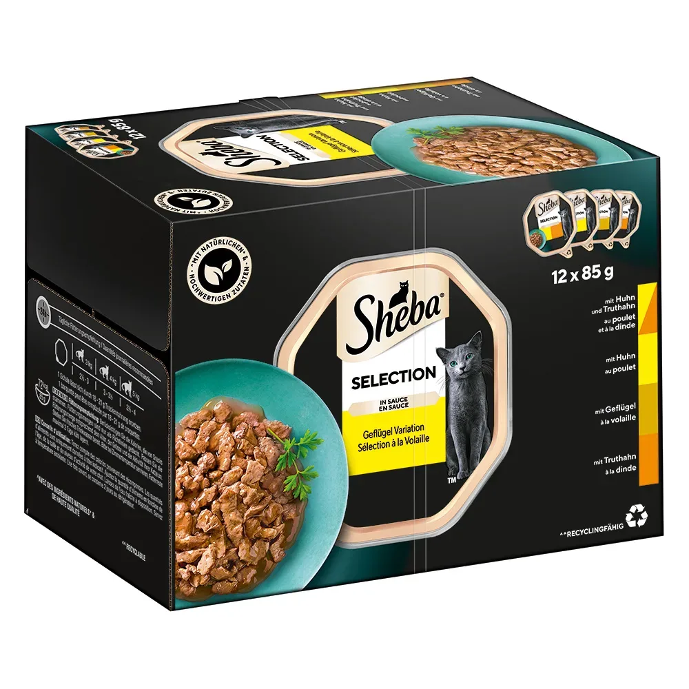 Multipack Sheba Varietäten Schälchen 12 x 85 g - Selection in Sauce (Huhn & Truthahn; Huhn; Geflügel; Truthahn)