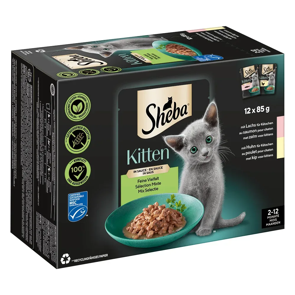 Sheba Kitten Varietäten Frischebeutel 12 x 85 g - Feine Vielfalt in Sauce (Lachs; Huhn)