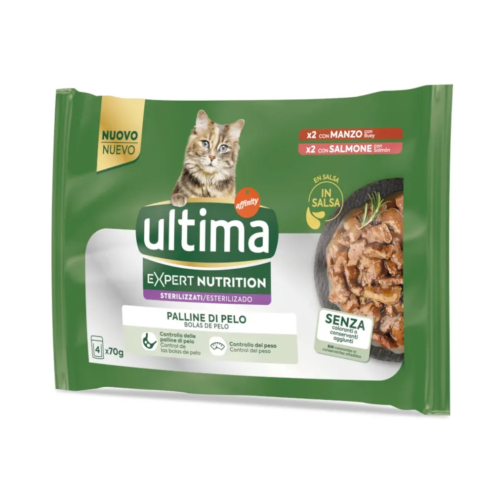 36 + 8 gratis! Ultima Cat Expert Nutrition 44 x 70 g - Hairball Rind & Lachs