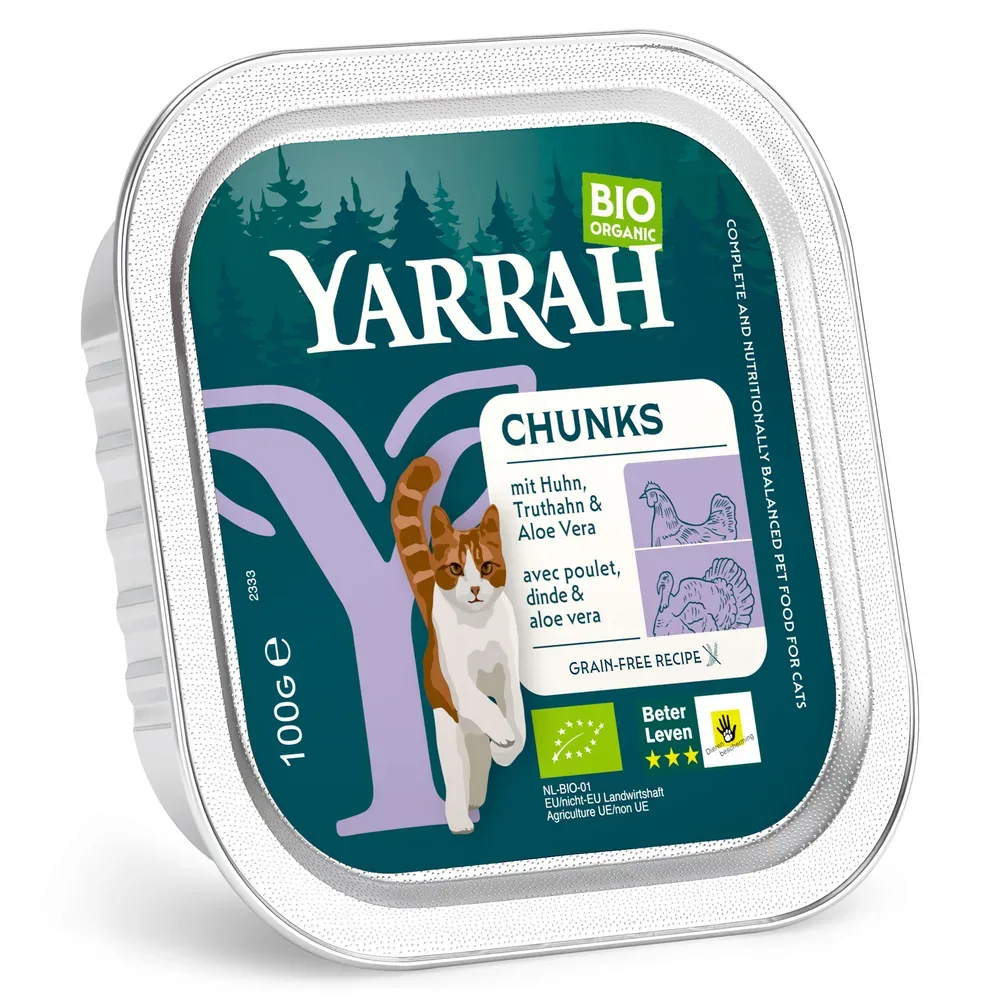 Sparpaket Yarrah Bio 24  x 100 g - Chunks: Huhn & Truthahn mit Aloe Vera