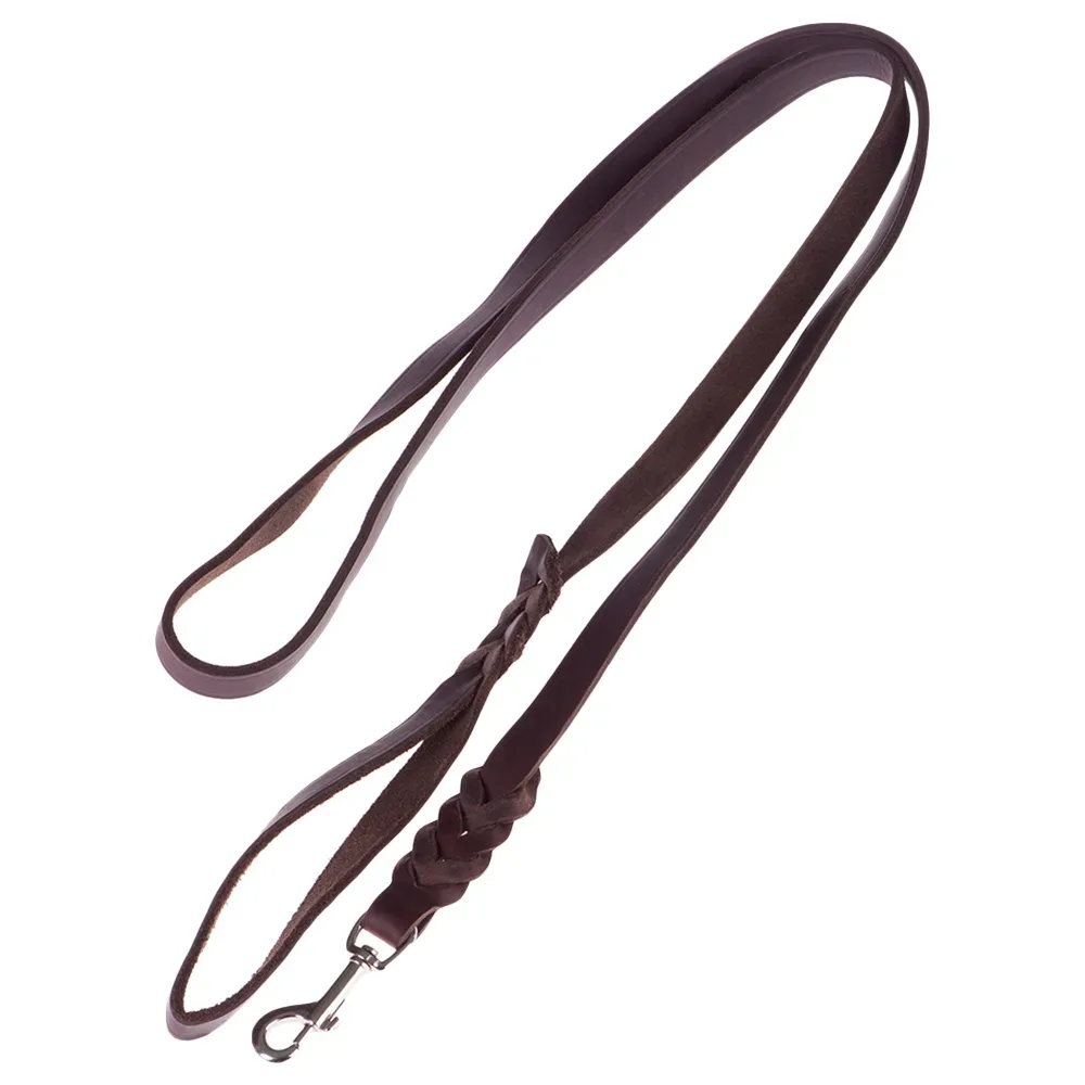 Heim Lederleine mit eingeflochtenem Karabiner, braun - Doppelleine: 220 cm lang / 18 mm breit