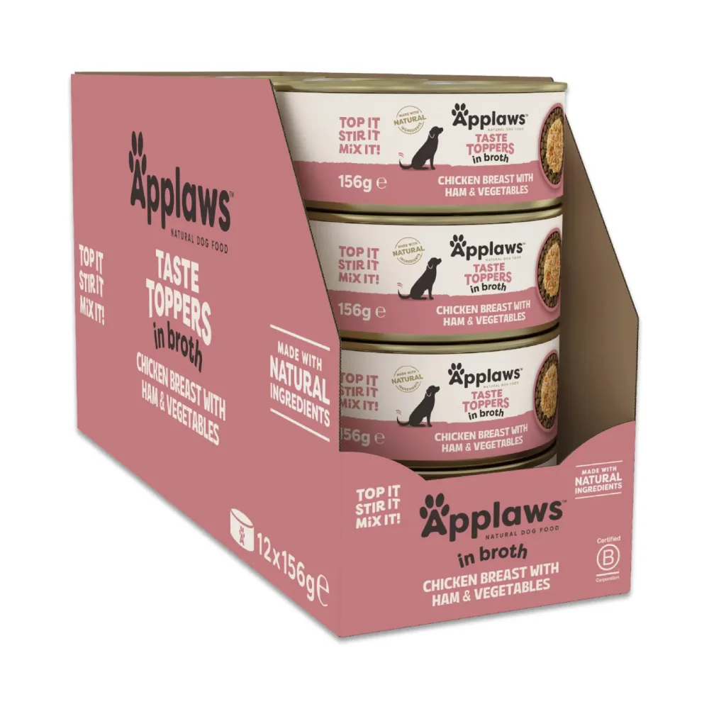 Applaws Taste Toppers Natural in Brühe 12 x 156 g - Huhn mit Schinken
