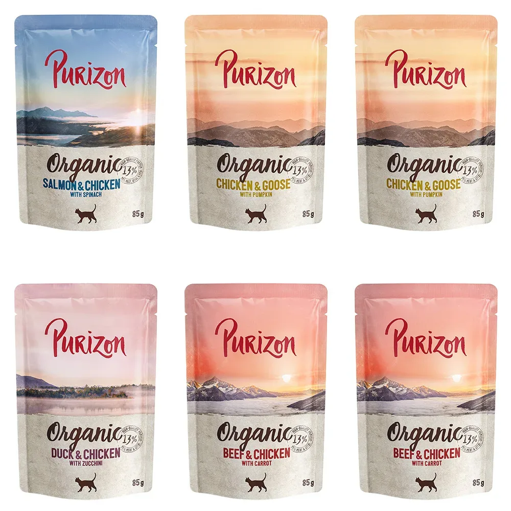 Purizon Organic 6 x 85 g - Mixpaket (2x Huhn, 2x Rind, 1x Lachs, 1x Ente)