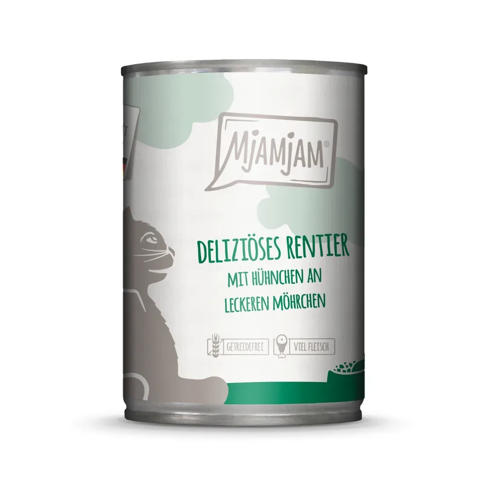 Sparpaket MjAMjAM Katzenfutter 24 x 400 g - deliziöses Rentier mit Hühnchen an leckeren Möhrchen