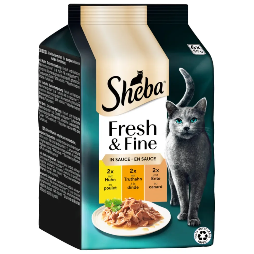 Sparpaket Sheba Fresh & Fine Frischebeutel 72 x 50 g - Huhn, Truthahn & Ente in Sauce