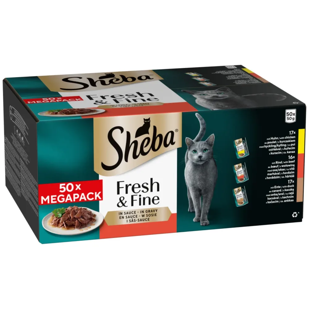 Multipack Sheba Fresh & Fine Frischebeutel 50 x 50 g - mit Huhn, Rind & Ente in Sauce