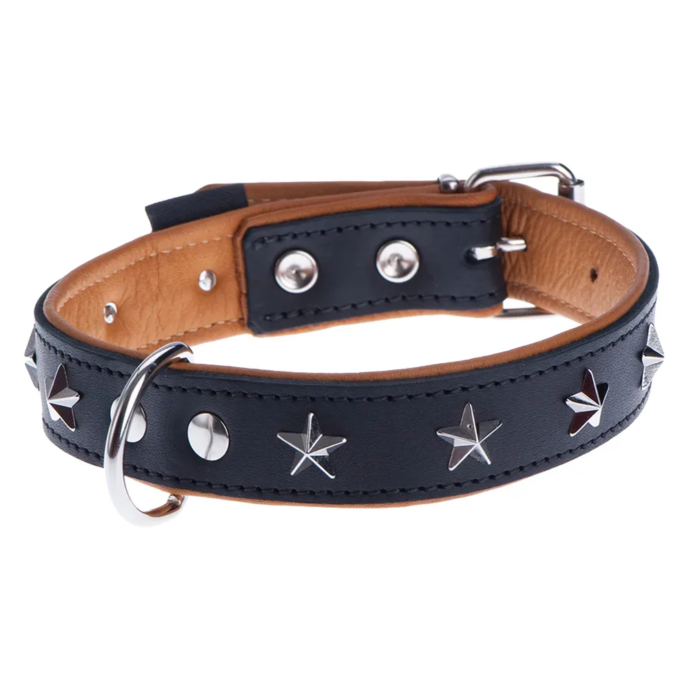 Heim Lederhalsband Stars, schwarz/beige - Gr. 50: 38 - 46 cm Halsumfang