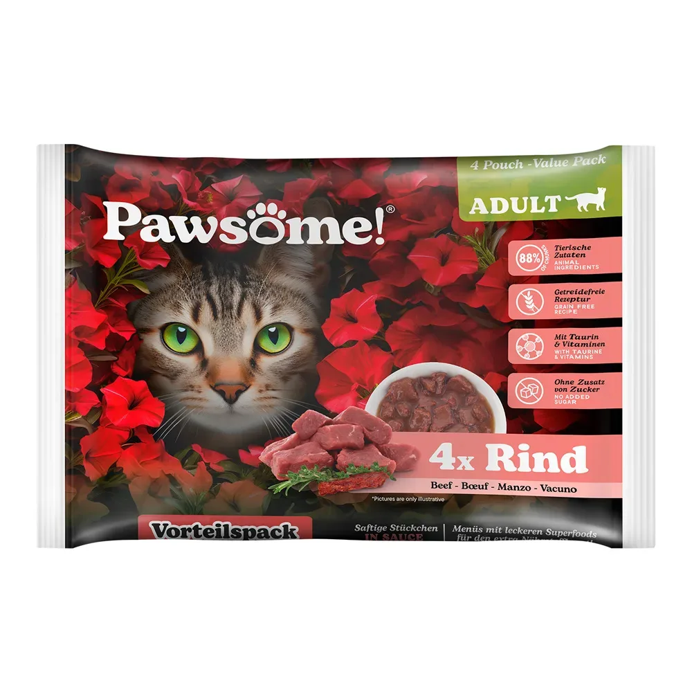Pawsome Nassfutter Katze, Adult, Flowpack Rind 4x85 g