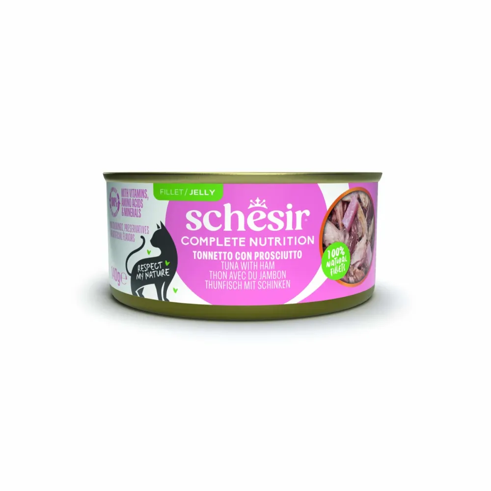 Schesir Complete Nutrition Filet in Gelee 6 x 140 g in Dosen - Thunfisch mit Schinken