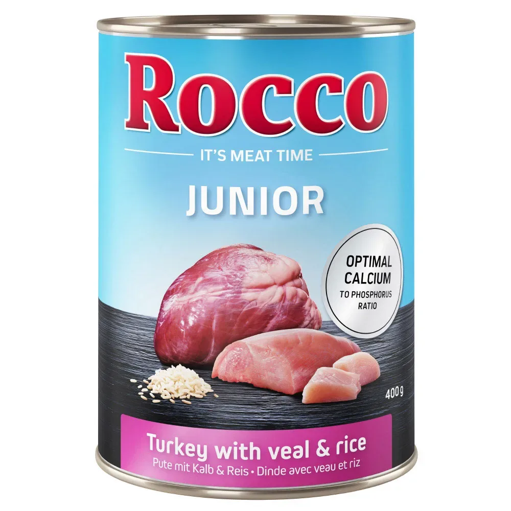 Sparpaket Rocco Junior 24 x 400 g - Mix (je 6x): Pute mit Kalbsherzen, Geflügel mit Hühnerherzen, Geflügel mit Rind, Geflügel mit Wild