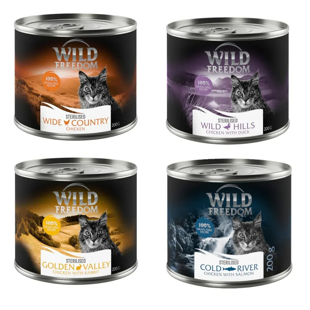 Wild Freedom Adult Sterilised 6 x 200 g - getreidefreie Rezeptur - Mixpaket (2x Huhn pur, 2x Huhn & Lachs, 1x Huhn & Kaninchen, 1x Huhn & Ente)